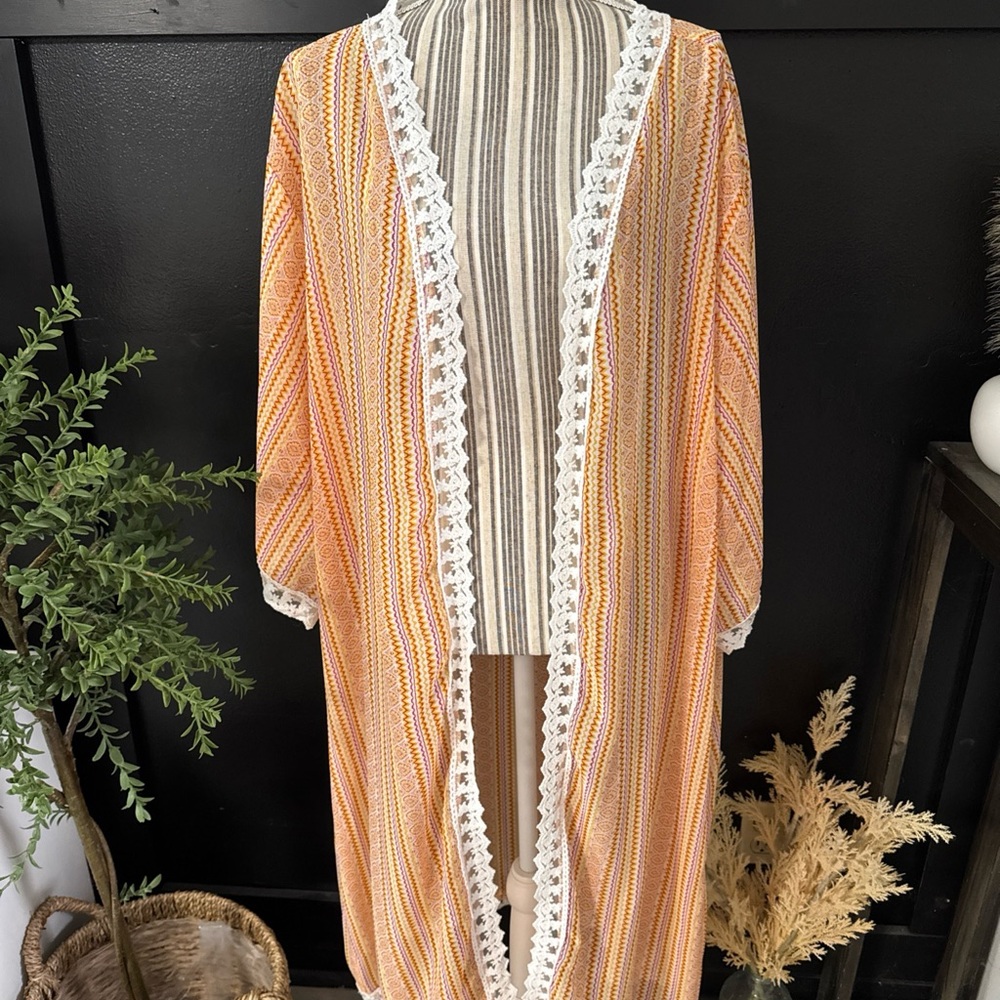 LuLaRoe Kimono Duster Orange Abstract w Lace Trim Sz Large